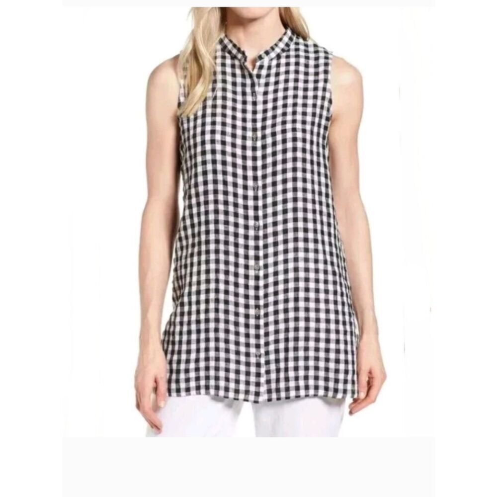 Eileen Fisher Organic Linen Top Gingham Sleeveless Tunic Back White Size Large